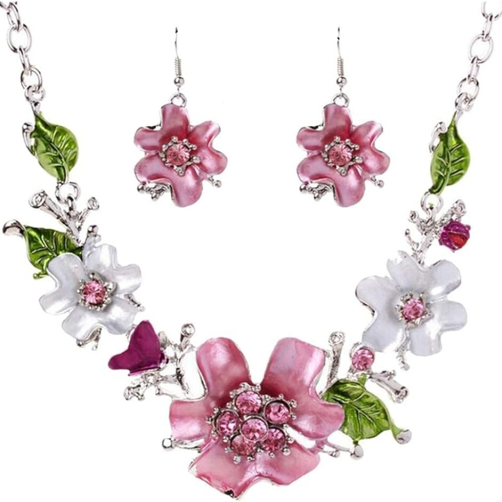 Floral Pink and White Necklace and Earring Set